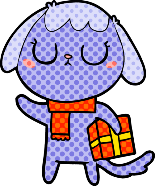 Bir insan tarafından çizilmiş Noel hediyesi olan sevimli bir çizgi film köpeği.