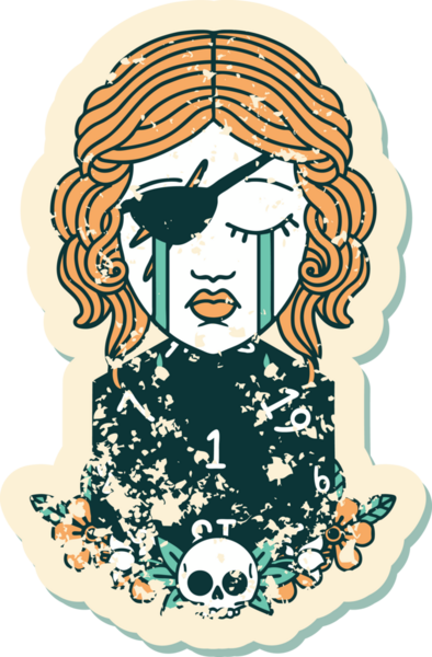 Bir insan tarafından çizilmiş doğal bir d20 rulo ile ağlayan bir insan haylaz etiketi.