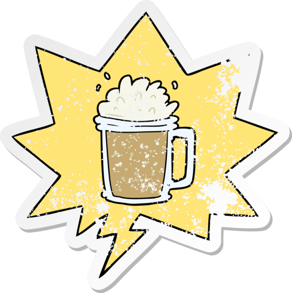 Bir insan tarafından çizilmiş, sıkıntılı, sıkıntılı, eski bir çıkartma olan bir bira karikatürü.