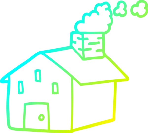 Bir insan tarafından çizilmiş bacası tüten bir çizgi film evi çizimi.