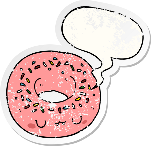 Konuşma baloncuklu çizgi film donutu bir insan tarafından çizilmiş sıkıntılı eski bir çıkartma