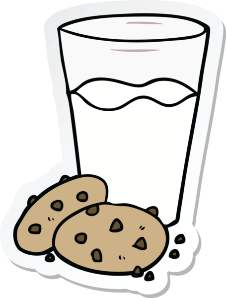 Bir insan tarafından çizilmiş kurabiye ve sütün çıkartması.