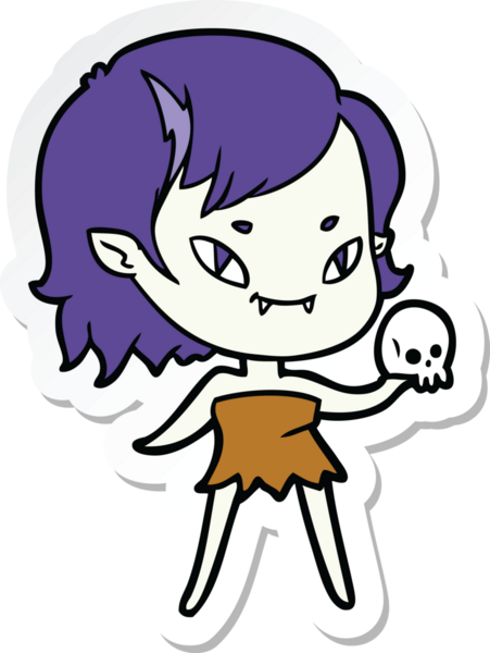 Bir insan tarafından çizilmiş kafatası olan karikatür dostu vampir bir kızın çıkartması.