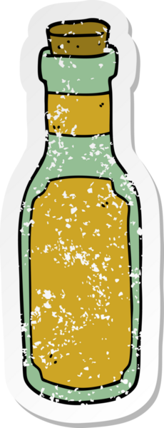 Bir insan tarafından çizilmiş karikatür iksir şişesinin sıkıntılı çıkartması.