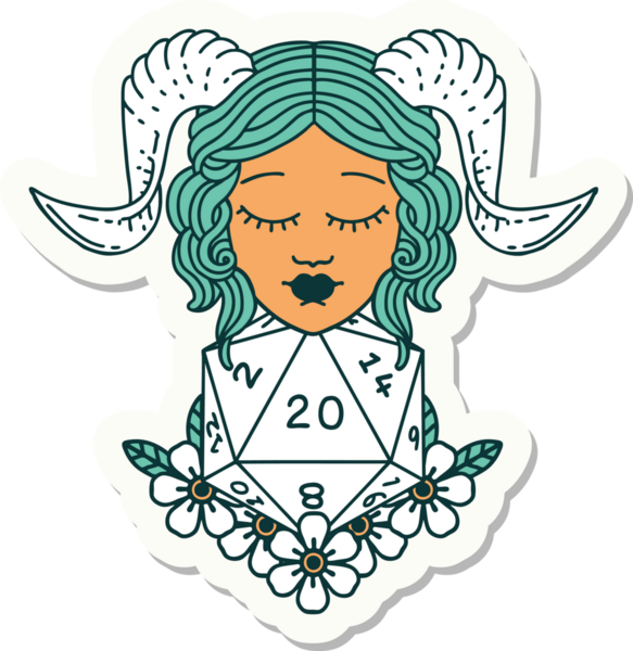 Bir insan tarafından çizilmiş doğal yirmi zarla yapıştırılmış bir etiket.