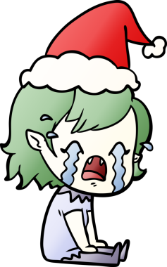 Ağlayan vampir bir kızın insan tarafından çizilmiş Noel Baba şapkası giymiş el çizimi karikatürü.