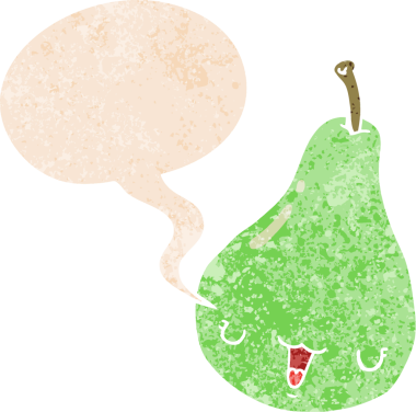 bir insan tarafından çizilmiş grunge sıkıntılı retro desenli armut konuşma balonu ile çizgi film armudu