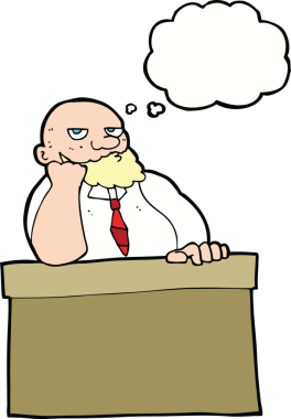 Masasında bir insan tarafından çizilmiş düşünce baloncuğu olan sıkılmış bir adam.