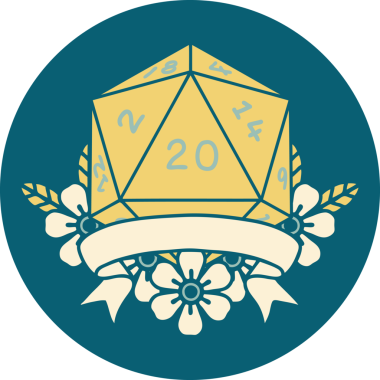 Retro Dövme Biçimi Doğal 20 kritik vuruş D20 zar bir insan tarafından çizildi