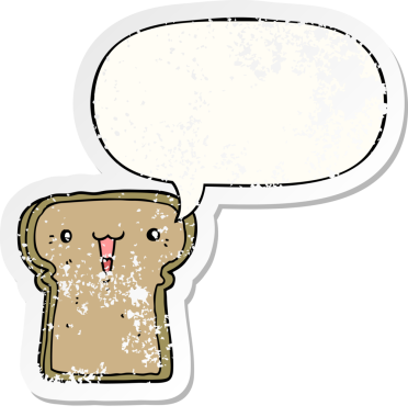 Konuşma balonlu tatlı çizgi film tostu bir insan tarafından çizilmiş sıkıntılı eski bir çıkartma