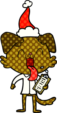 Bir insan tarafından çizilmiş Noel Baba şapkası takan ve nefes nefese kalan bir köpeğin el çizimi çizgi roman tasviri.