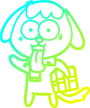 Bir insan tarafından çizilmiş noel hediyeli şirin bir köpeğin soğuk gradyan çizimi.