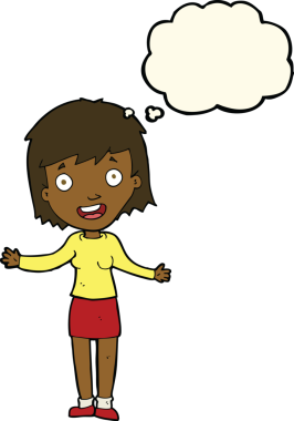 Bir insan tarafından çizilmiş düşünce baloncuğu olan heyecanlı bir kadın.