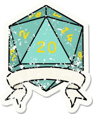 Bir insan tarafından çekilen 20 kritik vuruşluk D20 zar atımının grunge çıkartması.