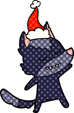 Bir insan tarafından çizilmiş Noel Baba şapkası takan bir kurt resmi.