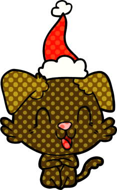 Gülen el çizimi çizgi roman tarzı Noel Baba şapkası takan bir köpek insan tarafından çizilmiş.