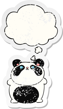 Düşünce baloncuğu olan karikatür pandası bir insan tarafından çizilmiş yıpranmış bir çıkartma.