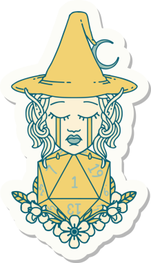 Ağlayan bir elf cadısının çıkartması. Bir insan tarafından çizilmiş doğal bir D20 rulosu.