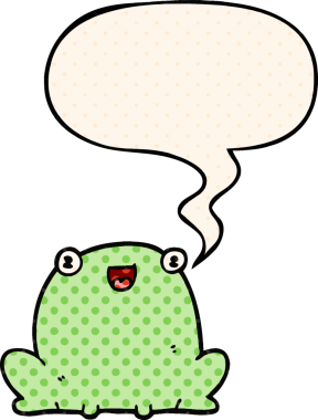 Bir insan tarafından çizilmiş çizgi roman tarzında konuşma balonu olan şirin bir kurbağa.
