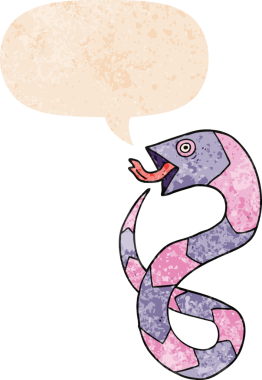 Bir insan tarafından çizilmiş grunge dertli retro tarzı konuşma baloncuğu ile çizgi film yılanı