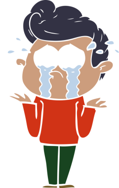 Bir insan tarafından çizilmiş düz renkli çizgi film ağlayan adam.