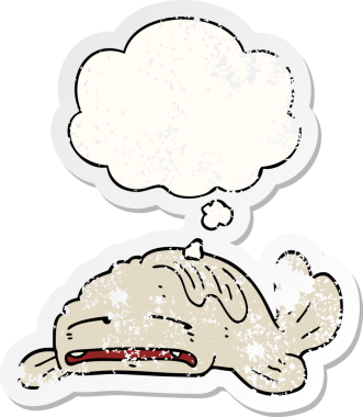 Düşünce baloncuğu olan üzgün yaşlı balık çizgi filmi bir insan tarafından çizilmiş yıpranmış bir çıkartma.