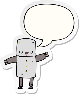 Bir insan tarafından çizilmiş konuşma balonu çıkartmalı çizgi film robotu.