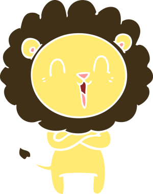 Gülen aslan düz renkli çizgi film bir insan tarafından çizildi.