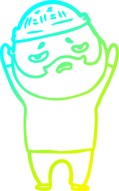 Bir insan tarafından çizilmiş sakallı, endişeli bir çizgi film çizimi.