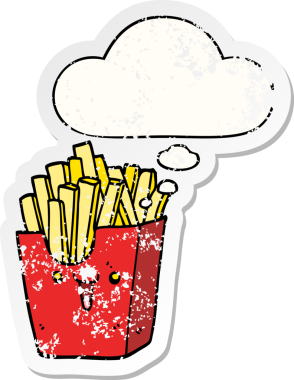 Düşünce baloncuklu tatlı patates kızartması kutusu insan tarafından çizilmiş yıpranmış bir çıkartma gibi.