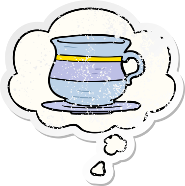 Düşünce baloncuğu olan eski bir çay fincanı insan tarafından çizilmiş yıpranmış bir çıkartma.