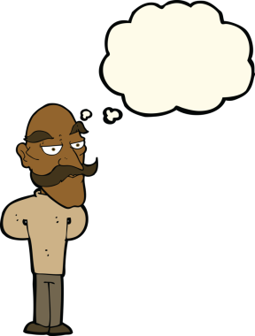 Düşünce baloncuğu çizilmiş bıyıklı yaşlı bir adam.