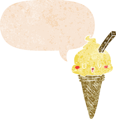 Bir insan tarafından çizilmiş grunge sıkıntılı retro tarzı konuşma baloncuklu tatlı çizgi film dondurması.