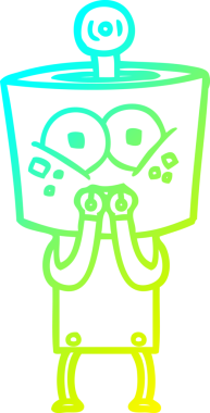 Bir insan tarafından gergin bir şekilde çizilen mutlu çizgi film robotunun soğuk gradyan çizimi.