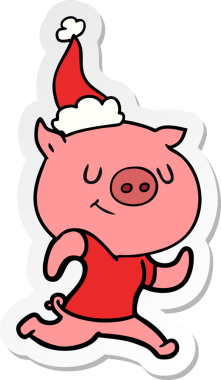 Mutlu el çizimi bir insan tarafından çizilmiş Noel Baba şapkası takan bir domuzun çizgi filmi.