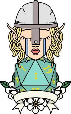 Retro Dövme Tarzı Ağlayan Elf Savaşçısı karakteri yüzü ve bir insan tarafından çizilmiş D20 rulosu.