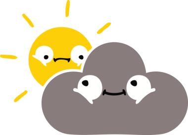 Bir fırtına bulutu ve bir insan tarafından çizilen güneşin düz renkli retro karikatürü