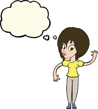 Bir insan tarafından çizilmiş düşünce baloncuğuyla el sallayan çizgi film kadını.