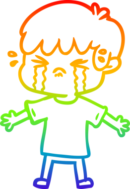 Gökkuşağı gradyan çizimi bir insan tarafından çizilmiş ağlayan bir çizgi çocuk çizimi