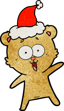 Gülen ayıcık eli çizilmiş Noel Baba şapkası giymiş bir insan tarafından çizilmiş.