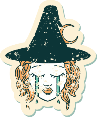 Bir insan tarafından çizilmiş ağlayan bir insan cadı karakterinin grunge çıkartması.