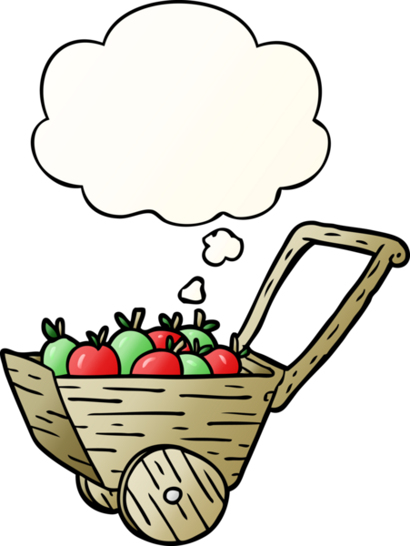 Düşünce baloncuklu çizgi film elma arabası bir insan tarafından çizilmiş.