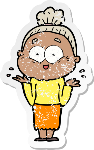 Bir insan tarafından çizilmiş mutlu, yaşlı bir kadının sıkıntılı çıkartması.