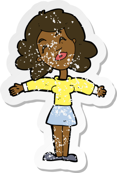 Bir insan tarafından çizilmiş, kolları açık, karikatür bir kadının gerilmiş çıkartması.