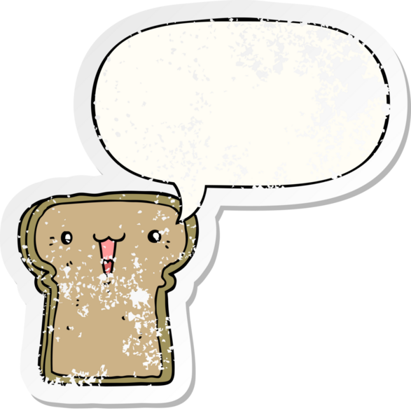 Konuşma balonlu tatlı çizgi film tostu bir insan tarafından çizilmiş sıkıntılı eski bir çıkartma