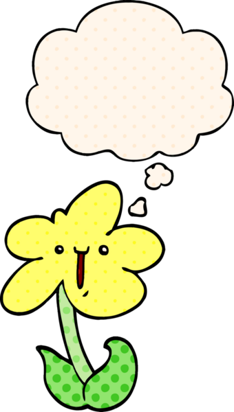 Bir insan tarafından çizilmiş, düşünce baloncuklu çizgi film çiçeği.