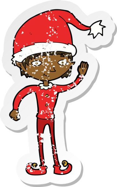 Bir insan tarafından çizilmiş bir noel elfi sallayan karikatürün gerilimli yapıştırması.