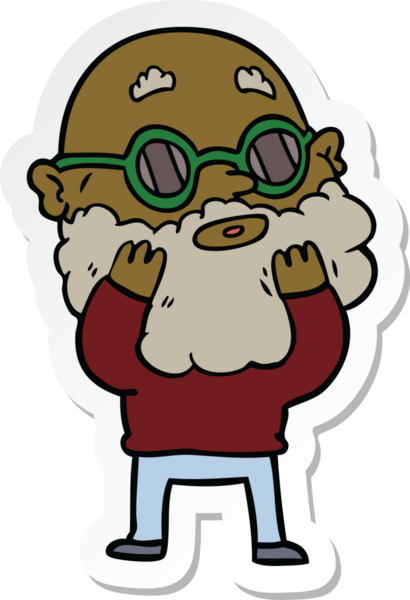 Bir insan tarafından çizilmiş sakallı ve güneş gözlüklü tuhaf bir adamın çıkartması.