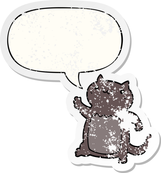 Konuşma baloncuğu olan çizgi film kedisi bir insan tarafından çizilmiş sıkıntılı eski bir çıkartma