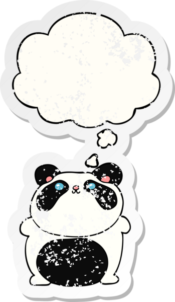 Düşünce baloncuğu olan karikatür pandası bir insan tarafından çizilmiş yıpranmış bir çıkartma.
